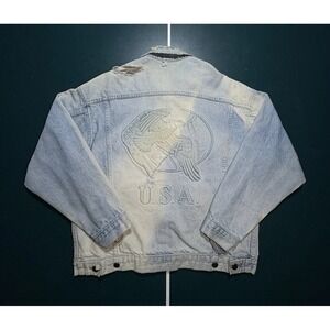 Vintage Tyca Denim Trucker Jean Jacket Men M Embossed Eagle Faded Distressed 90s